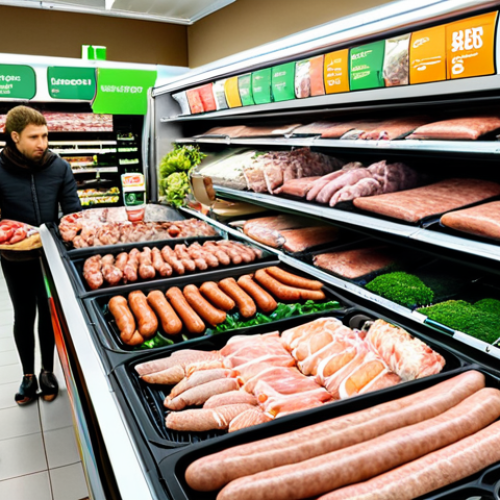A vibrant display of plant-based meat alternatives in a modern Polish supermarket. Focus on the variety: plant-based sausages, cutlets, and seafood options, all attractively packaged. Include shoppers examining the products with interest. The scene should emphasize the accessibility and appeal of these alternative protein sources to the average Polish consumer.