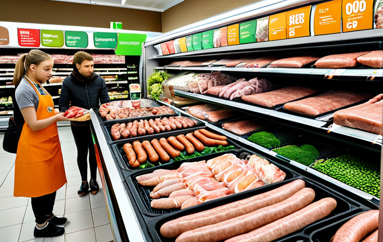 A vibrant display of plant-based meat alternatives in a modern Polish supermarket. Focus on the variety: plant-based sausages, cutlets, and seafood options, all attractively packaged. Include shoppers examining the products with interest. The scene should emphasize the accessibility and appeal of these alternative protein sources to the average Polish consumer.