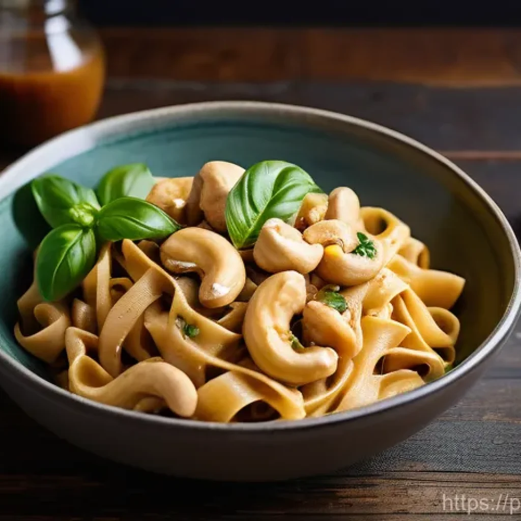 대체 식품을 활용한 크리미한 소스 만들기 - **Prompt:** A close-up, top-down shot of a beautifully plated vegan creamy cashew pasta. The fettucc...