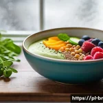Home 21 대체 식품의 종류와 조합 아이디어 - A vibrant Polish kitchen scene featuring a rustic wooden table set with an assortment of plant-based...