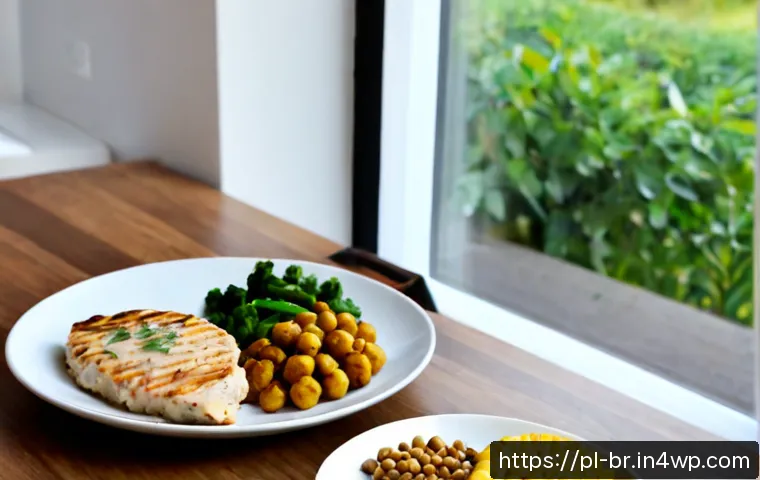 Home 17 식물성 단백질로 대체하는 방법 - Photorealistic bright Polish home kitchen, clear side-by-side meal replacement concept: a grilled ch...